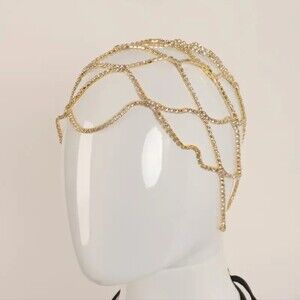 Mesh Bridal  Rhinestone Head Piece Chain Hair Accessories Crystal Golden 1pc